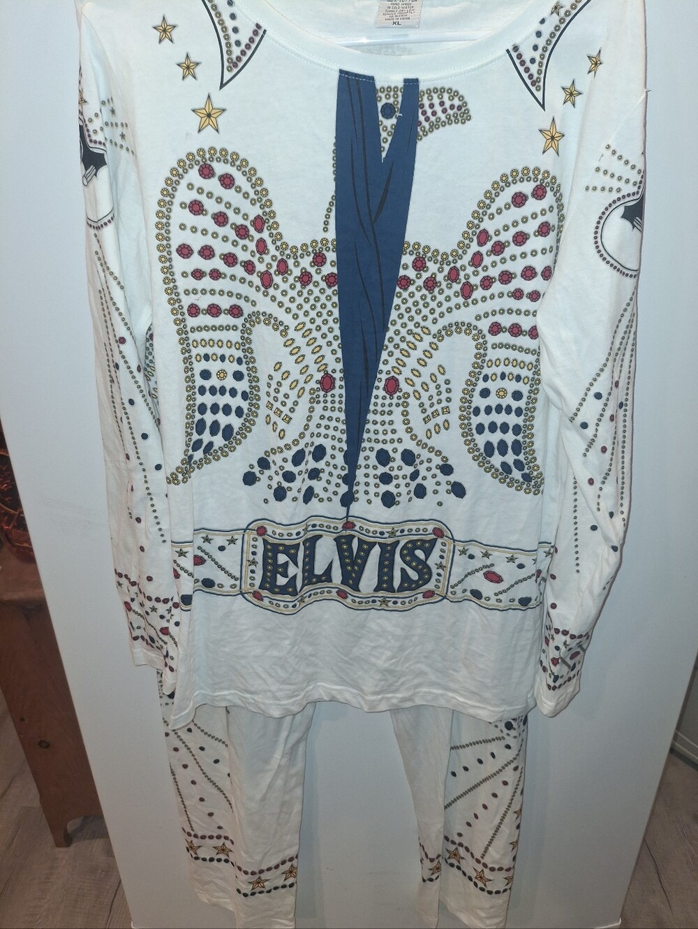 Elvis Graphic Long Sleeve Top - White with Blue & Gold Accents PJ Set